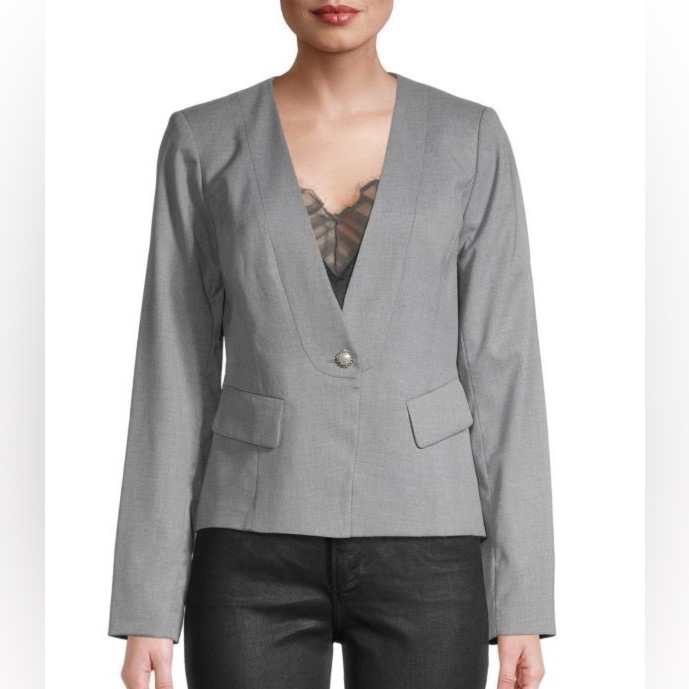 Karl Lagerfeld Paris Gray Blazer Quiet Luxury Academia Pearl Button Detail Sz 10